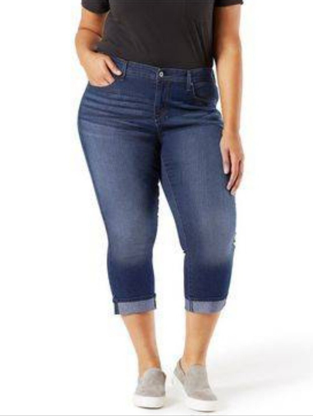 Capri Plus Size Cropped Dark Blue Denim Jeans - High Rise1/ 1024